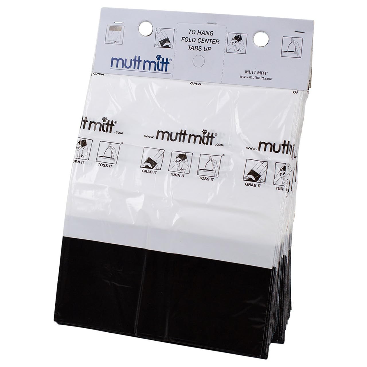 Sacs Mutt Mitt 2-ply résistants, blancs avec fond noir.