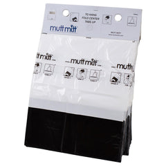 Sacs Mutt Mitt 2-ply résistants, blancs avec fond noir.