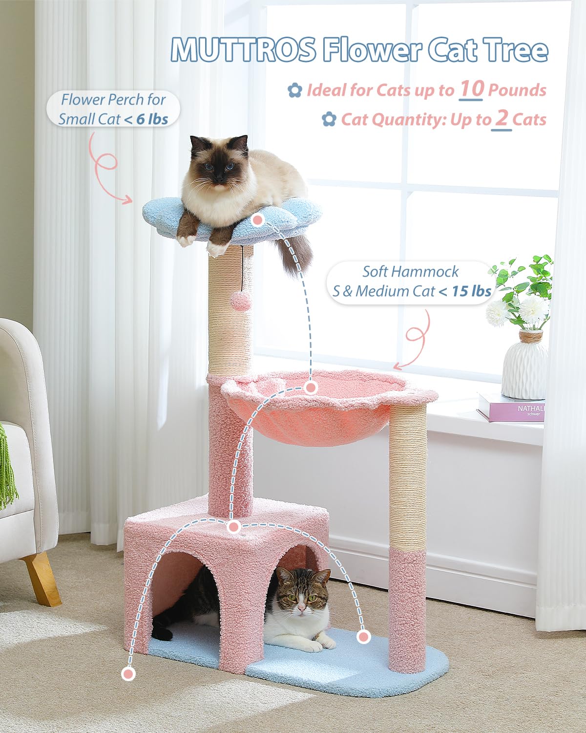 MUTTROS Arbre à chat fleurs avec base large et stable pour jeux sécurisés