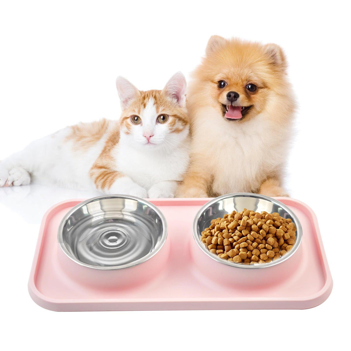 MUYG double-bols nourriture chien tapis rose, anti-débordement pour repas propres et faciles.