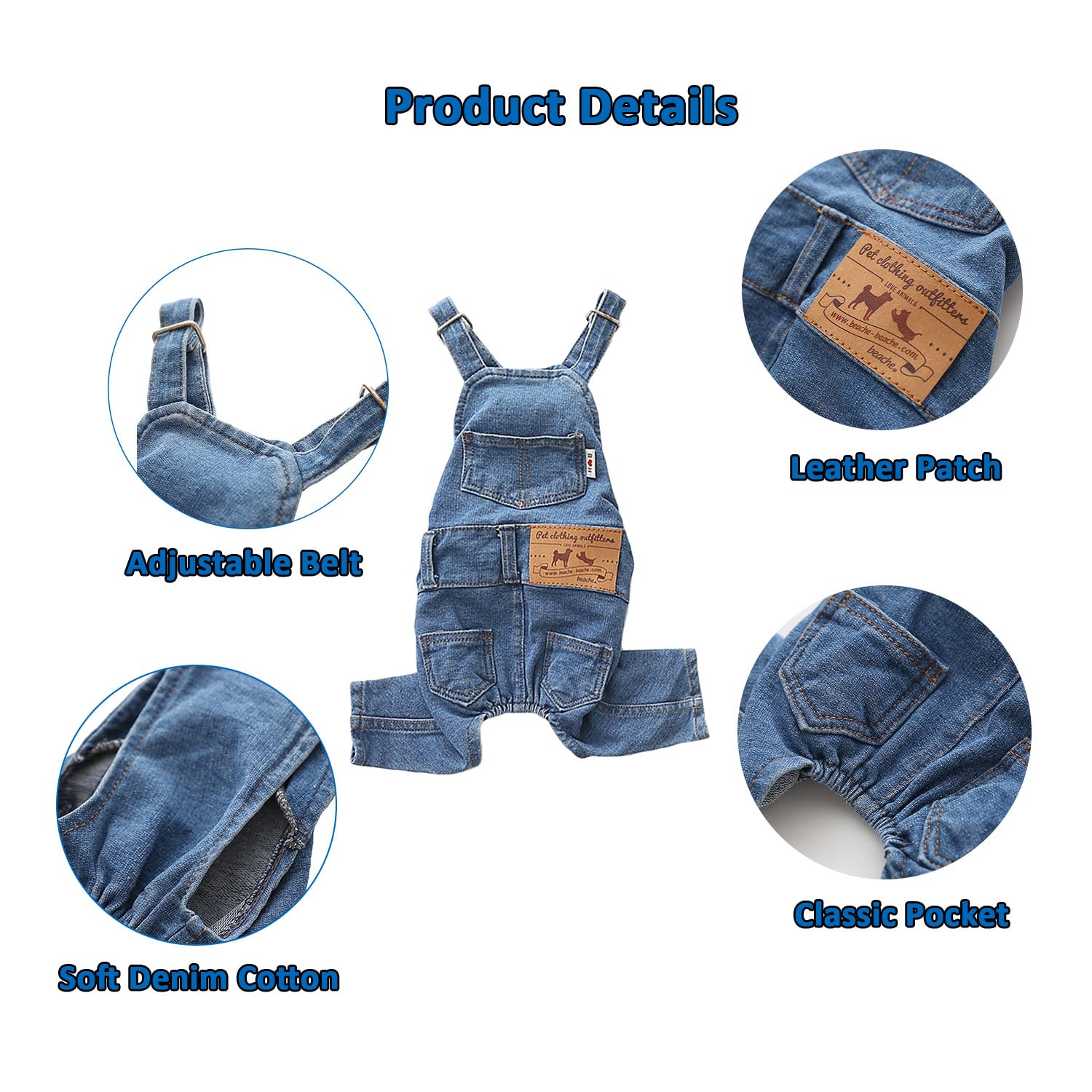 MuYaoPet salopette denim bleu pour chien, bretelles reglables pour un ajustement personnalisé.