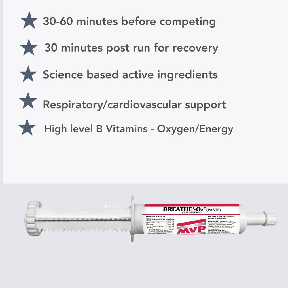 MVP Breathe O'2, tubes deux doses, dosage rapide et pratique pour l'écurie.