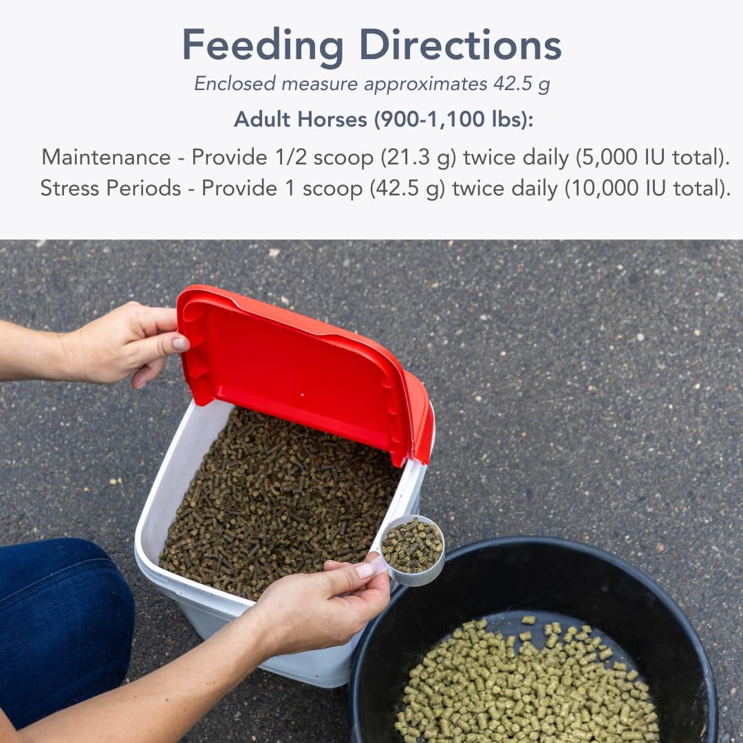 MVP vitamine E 5000 pellets dans l’alimentation du cheval pour une ingestion facile.