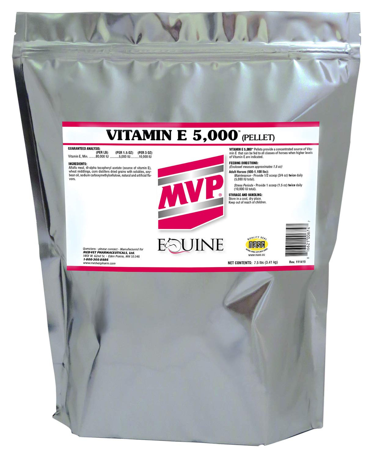 MVP vitamine E 5000 en emballage clair, pratique pour une supplémentation régulière des chevaux.