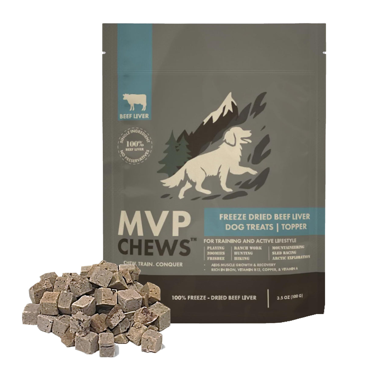 MVPChews emballage lyophilise foie boeuf, récompense idéale pour l'entraînement.
