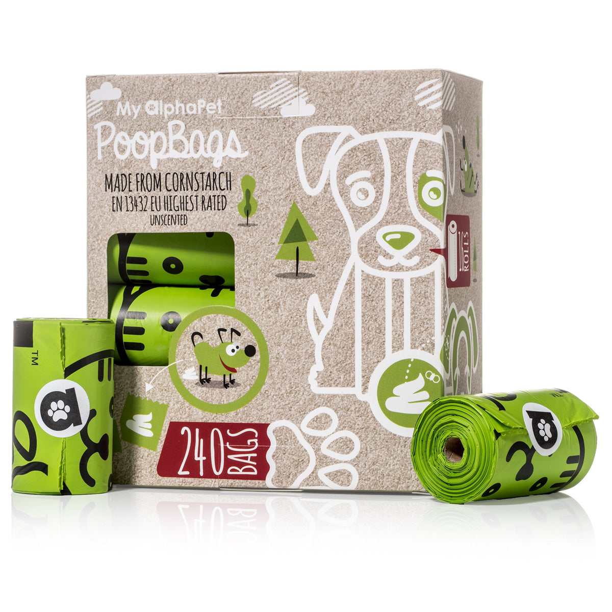 Sacs compostables My AlphaPet de 9x13 pour balades propres et éco-responsables.