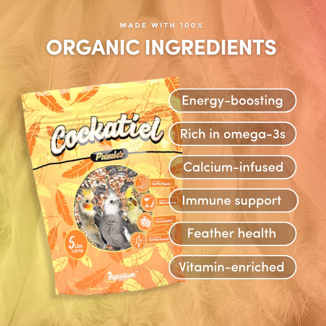 Graines fortifiées en vitamines Mycelium Calopsitte Premier, soutien potentiel pour immunité et vitalité.