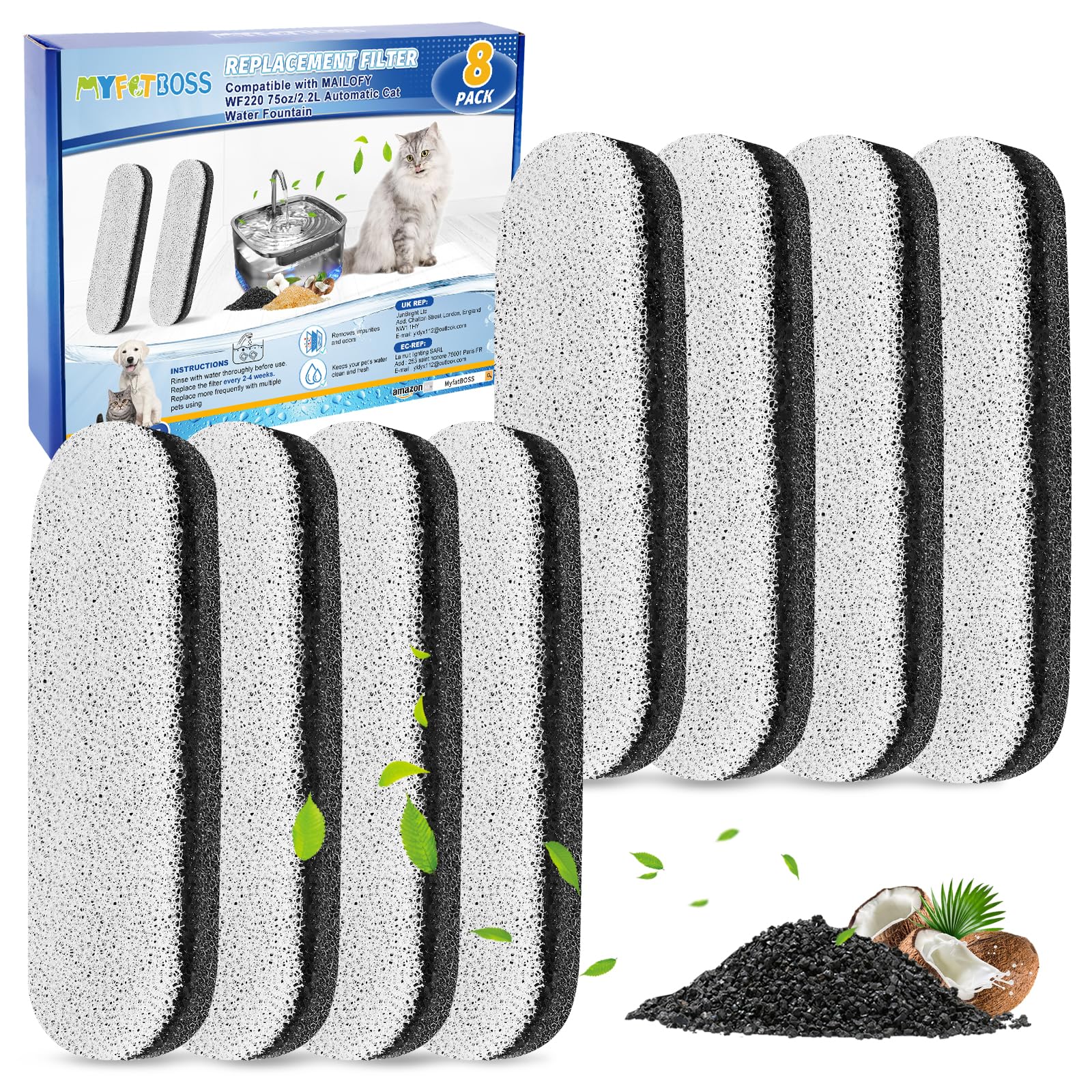 Filtre MyfatBOSS dans un pack de 8 pour fontaine eau chien, prêt à durer.