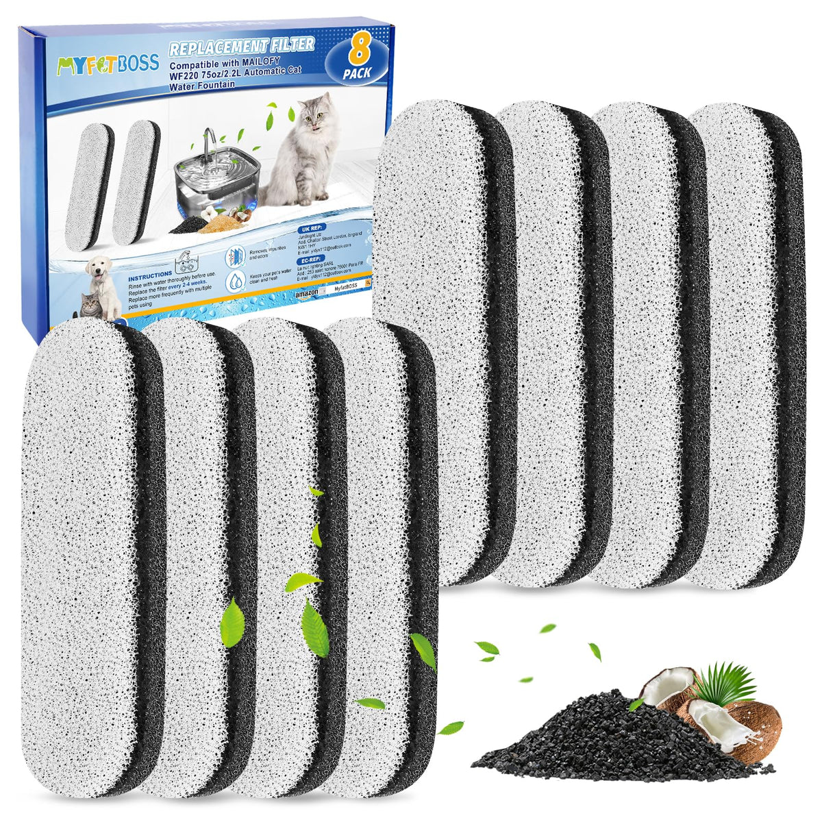 Filtre MyfatBOSS dans un pack de 8 pour fontaine eau chien, prêt à durer.