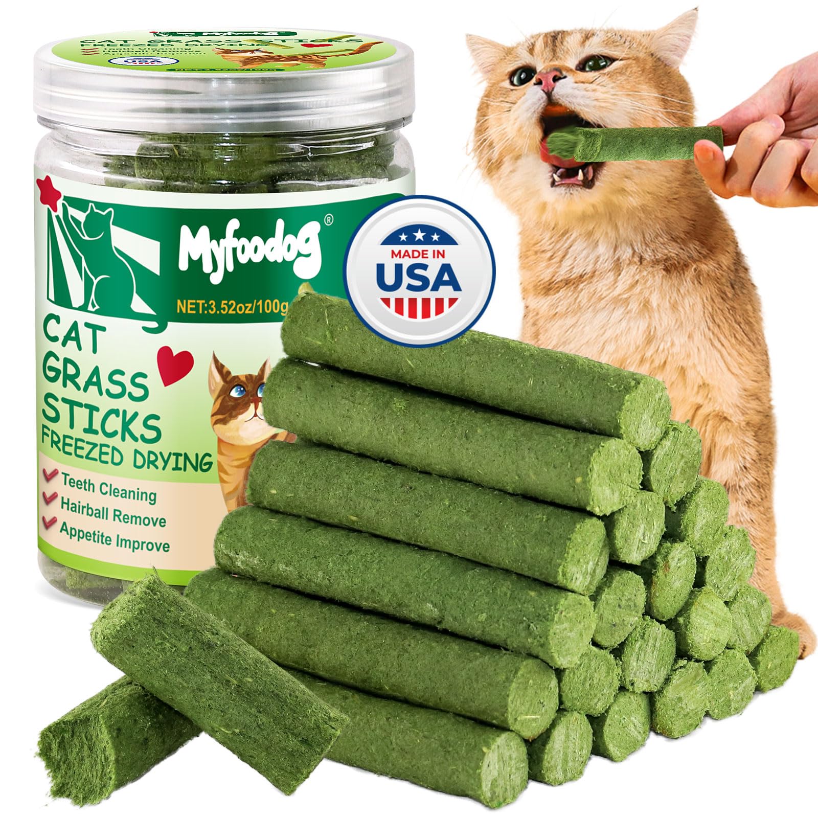 Friandise Myfoodog sticks d'herbe pour chat favorisant la dentition naturelle.