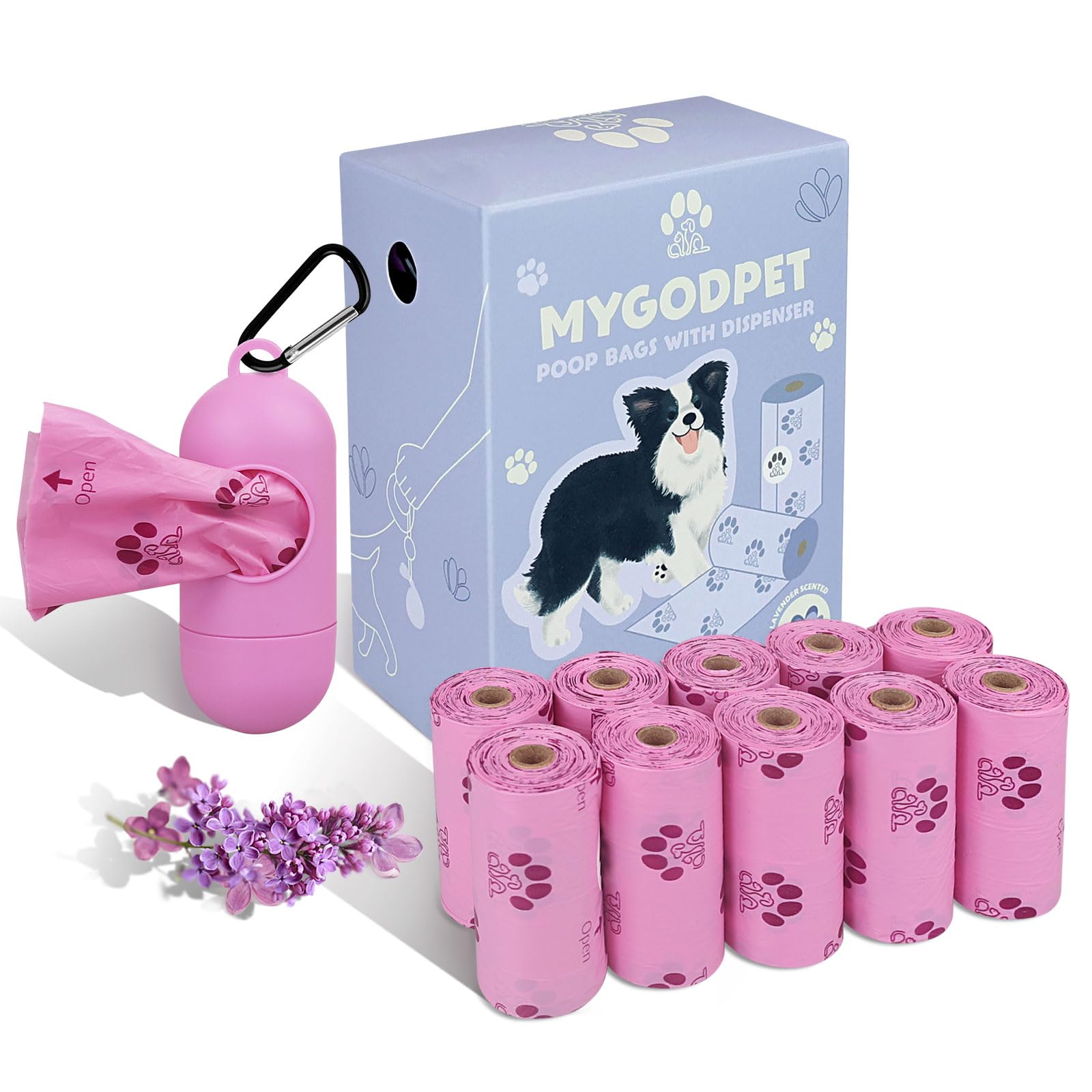 MYGODPET sacs-poubelle lavande biodégradables avec dispenser, pratique pour les sorties.