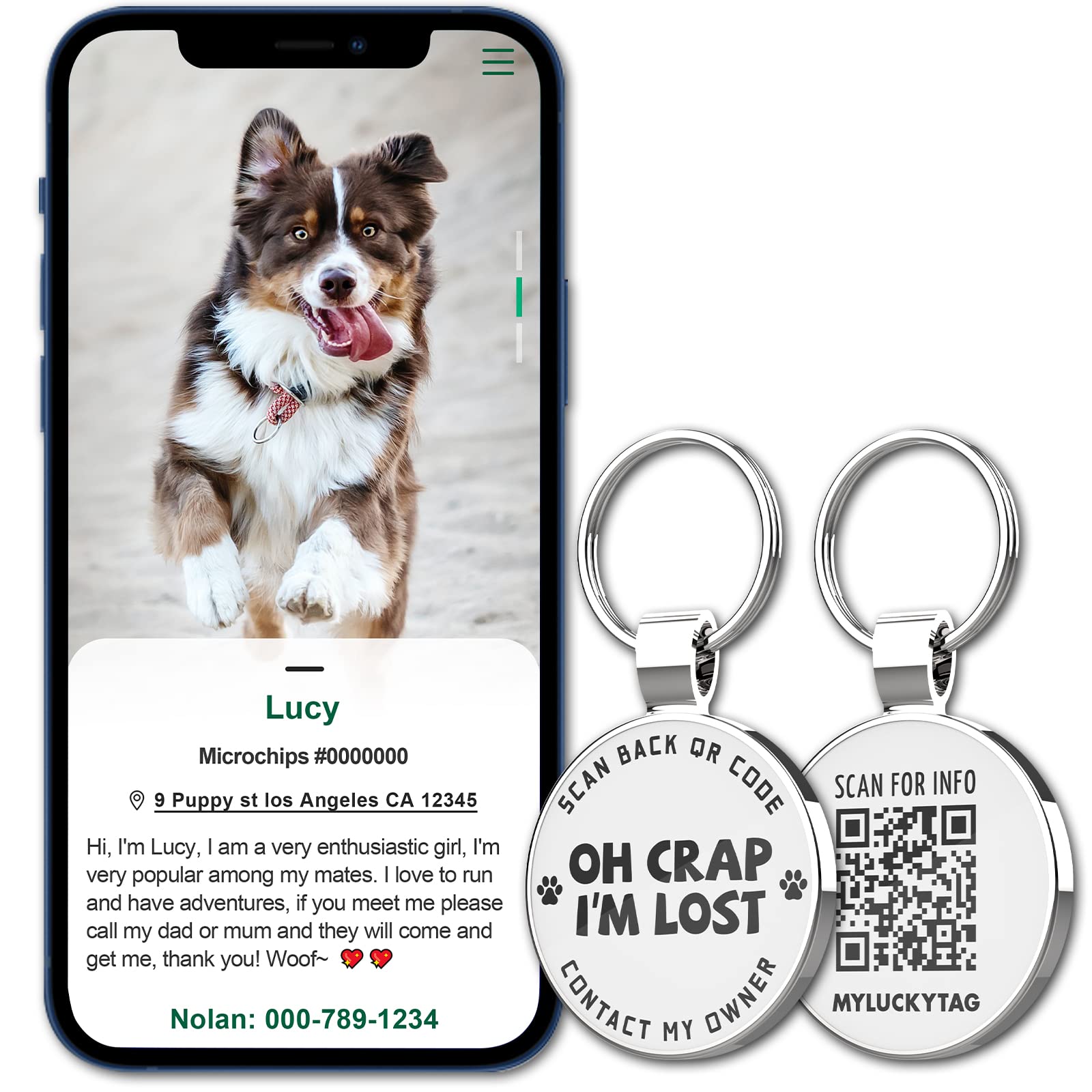 MYLUCKTAG étiquette en zinc avec époxy, durable et résistante.