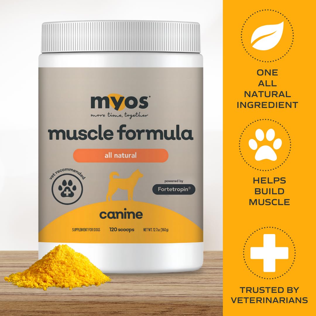 Étiquette MYOS Canine Muscle Formula montrant Fortetropin et indications d emploi.