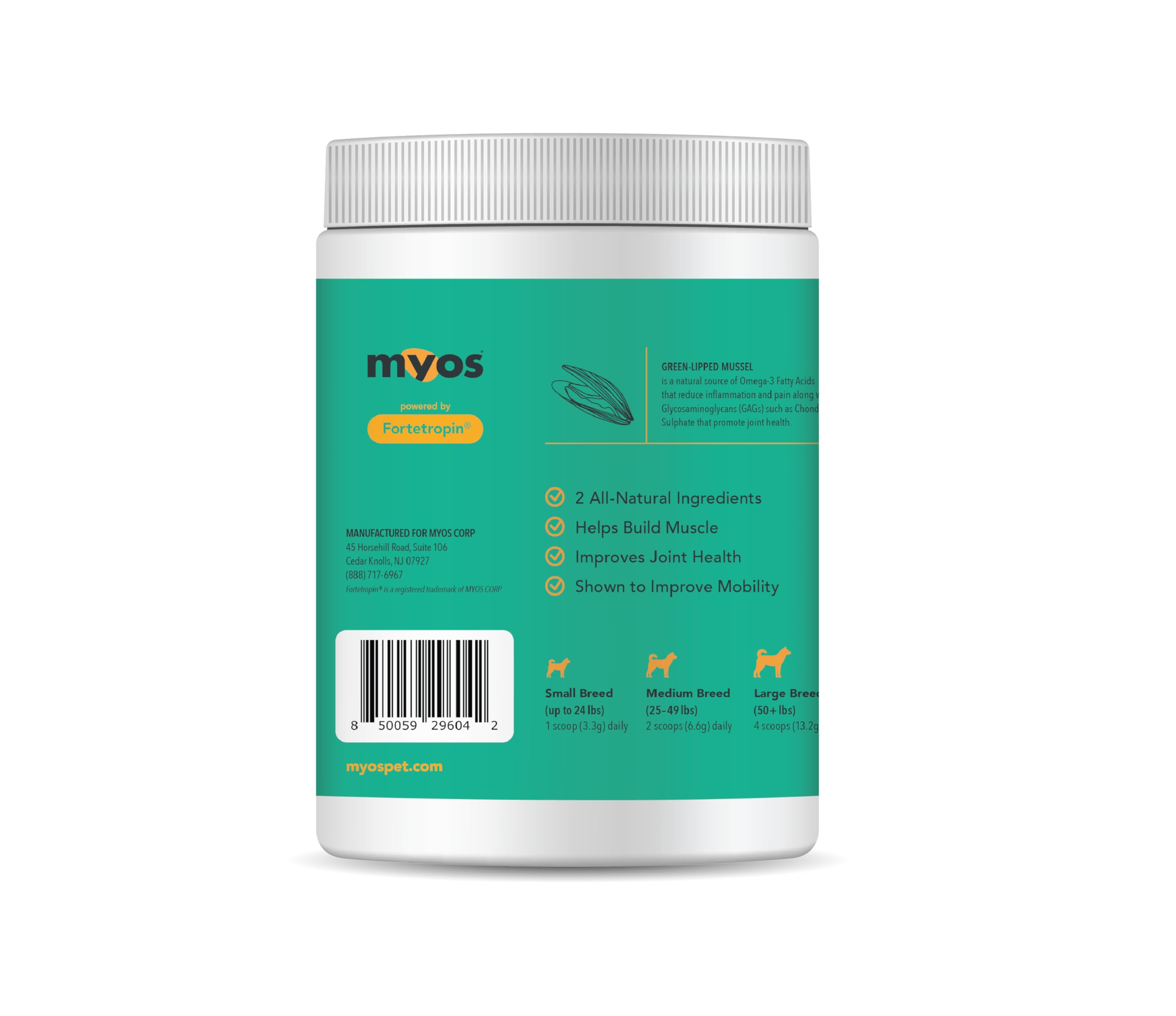MYOS Canine Muscle Formula – poudre verte, texture fine pour un mélange facile.