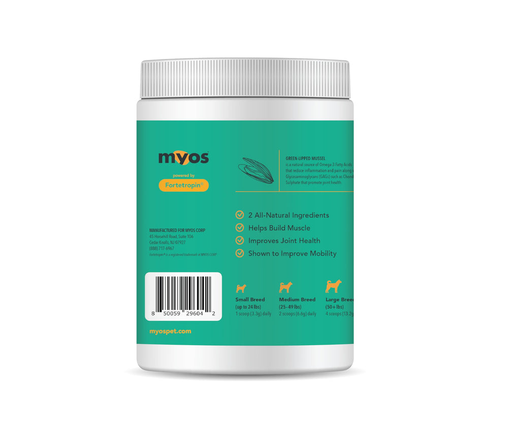 MYOS Canine Muscle Formula – poudre verte, texture fine pour un mélange facile.