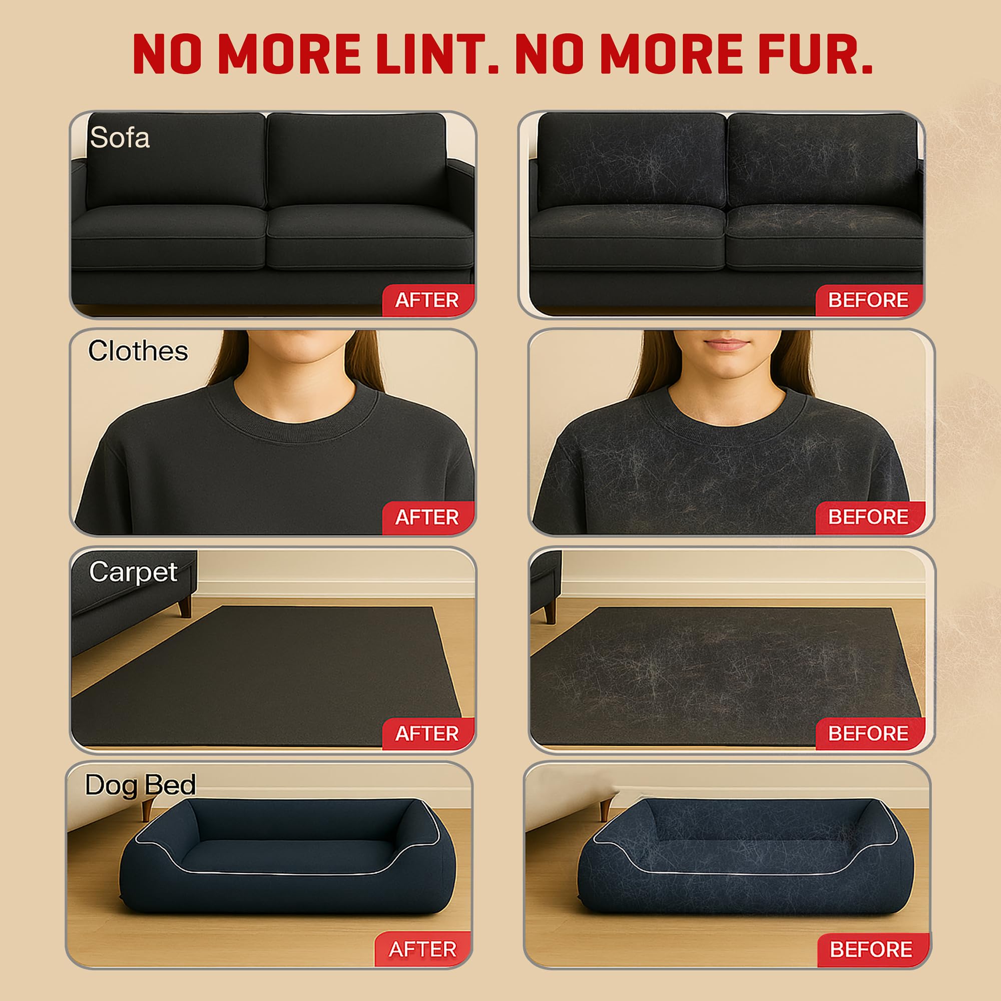 Gant MyPera sur tapis, enlève les poils et poussières efficacement.