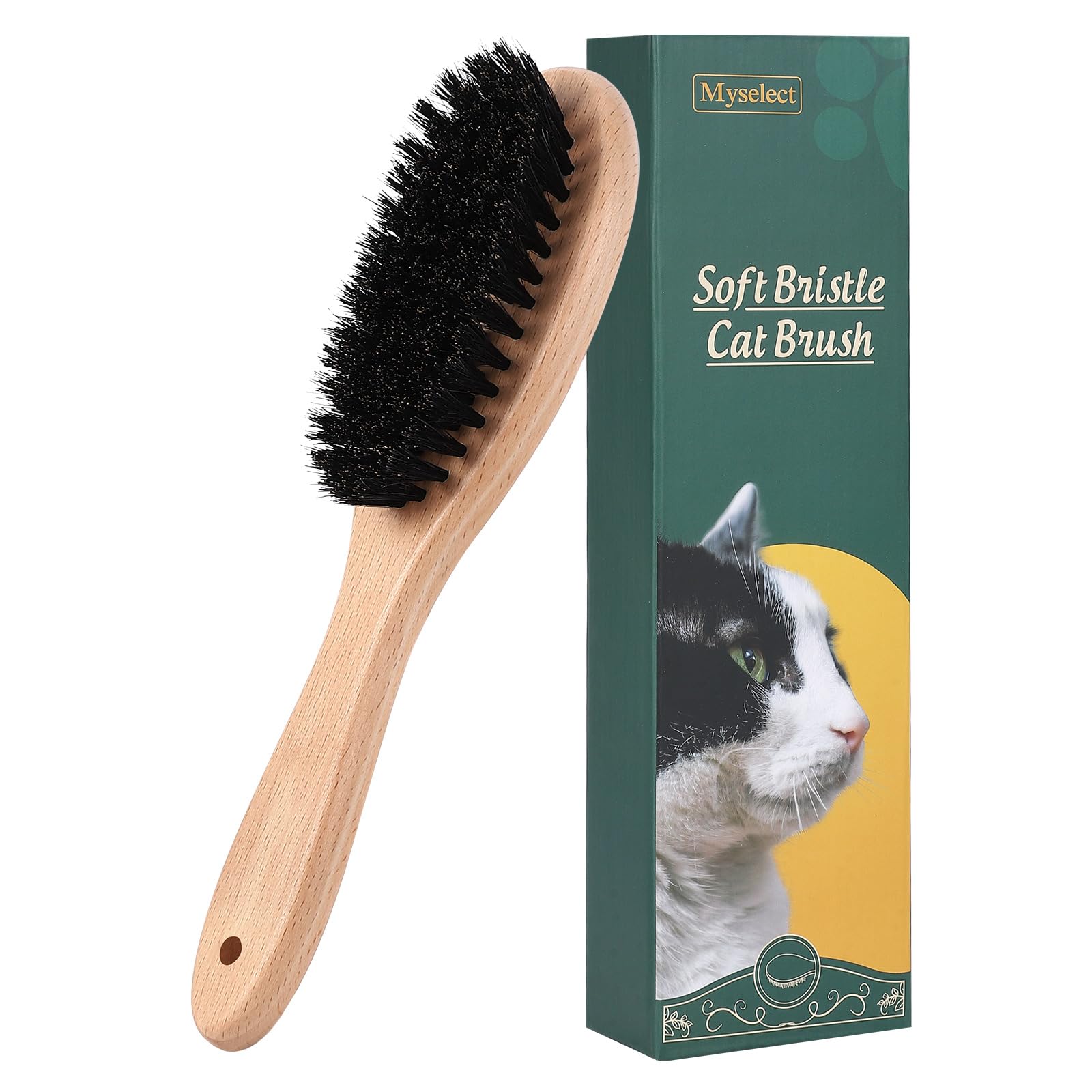 Myselect brosse sanglier pour chat avec manche en bois, douceur et confort