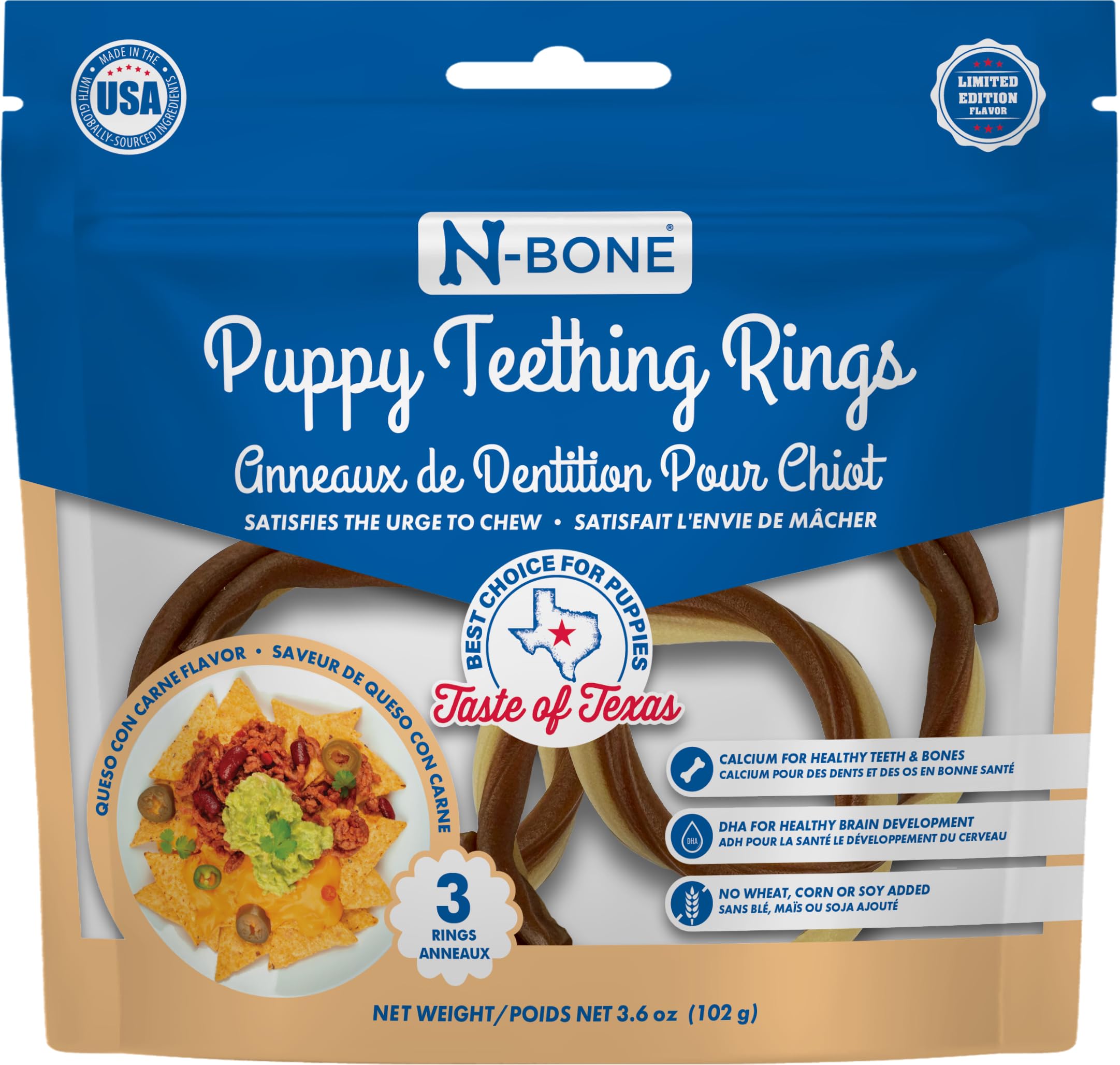 N-Bone Puppy anneau dentition Saveur Texas Queso Con Carne, plaisir et soulagement des gencives.