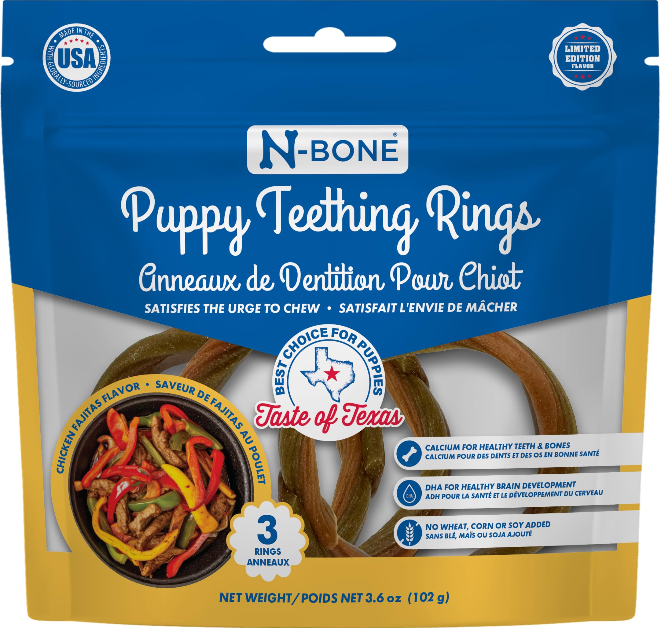 N-Bone Anneaux dentaires chiot saveur texans poulet fajitas, favorise la mastication sécurisée.