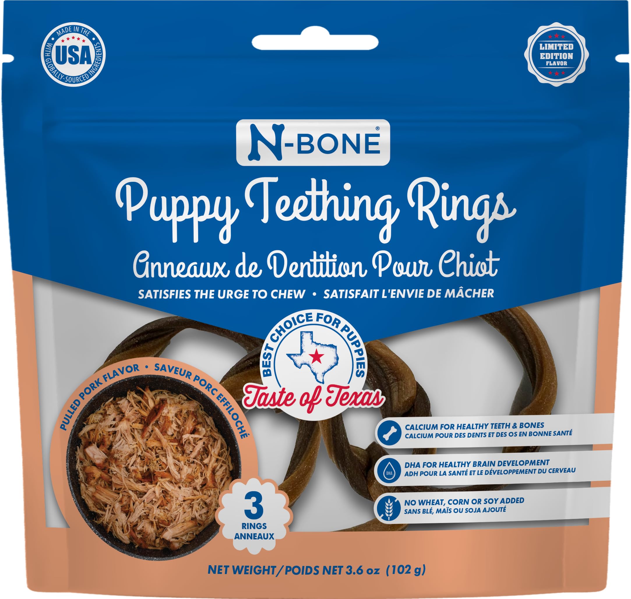 N-Bone anneaux dentaires chiots Texas pulled pork emballage — soulage les gencives lors de la mastication.