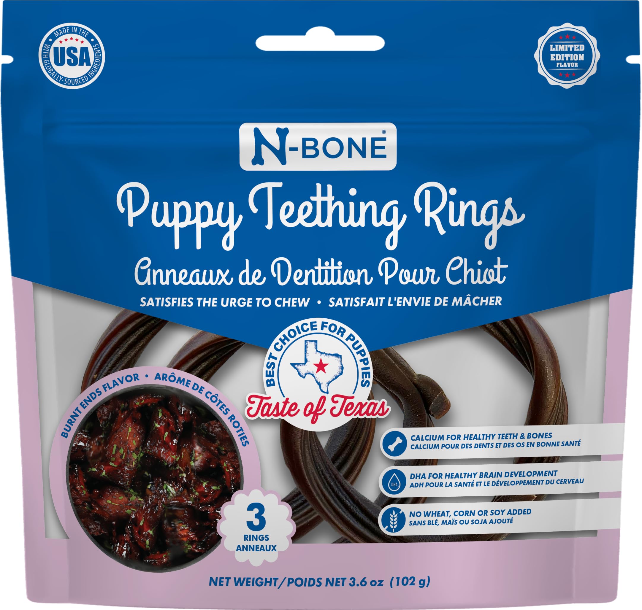 N-Bone anneaux dentition chiot Saveurs barbecue texan brûlés, apaisent les gencives.