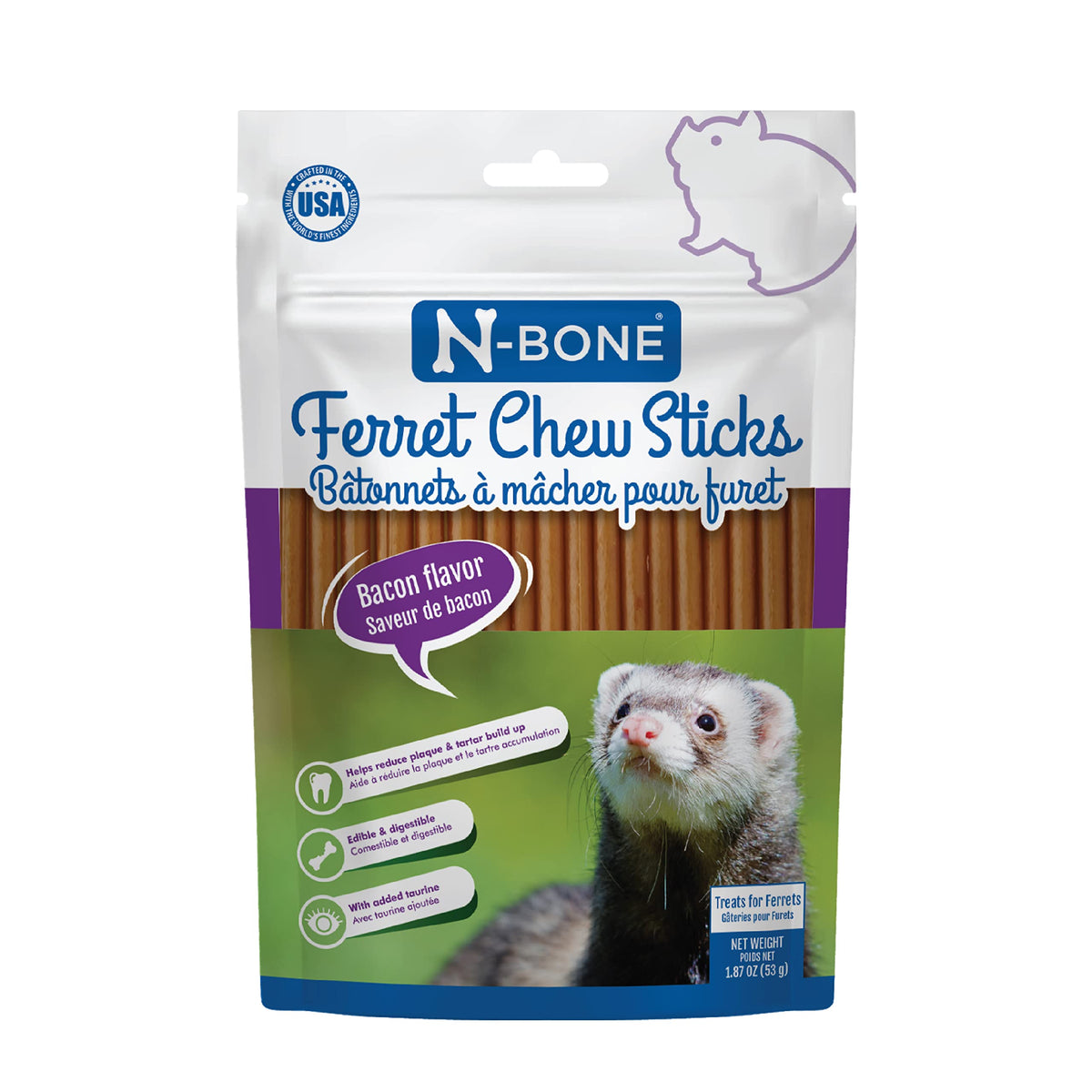 N-Bone Ferret Chew Sticks saveur bacon pour furets, plaisir durable et soutien des dents.