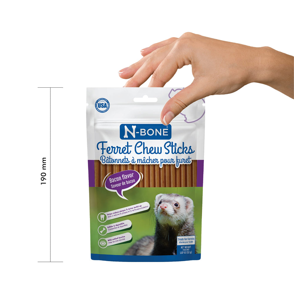 N-Bone Ferret Chew Sticks saveur bacon, riche en oméga 3 et 6 pour peau et pelage.