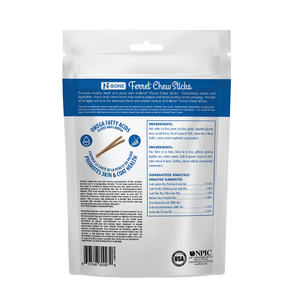 N-Bone Ferret Chew Sticks saveur bacon, texture souple pour mâcher longtemps.