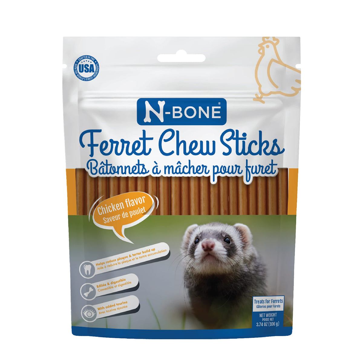 N-Bone furet, bâtonnets à mâcher poulet, sachet 106 g, croquant.