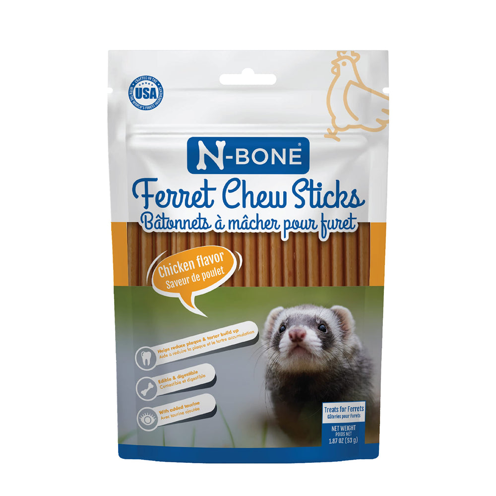 N-Bone Furet : bâtonnets dentaires saveur poulet, emballage pratique pour le choix rapide.
