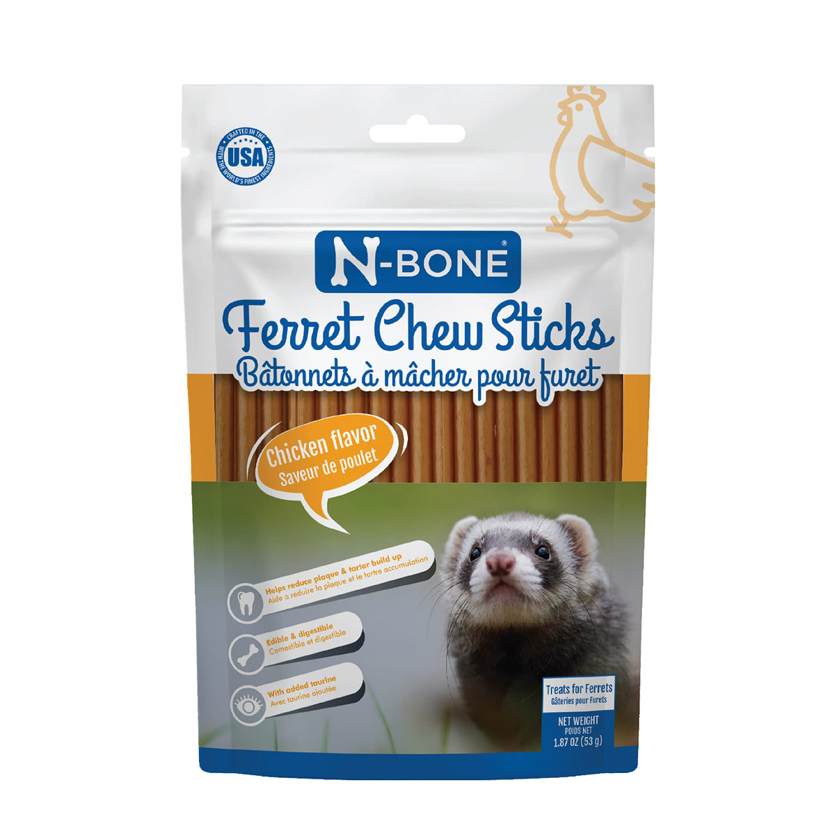 N-Bone Furet : bâtonnets dentaires saveur poulet, emballage pratique pour le choix rapide.
