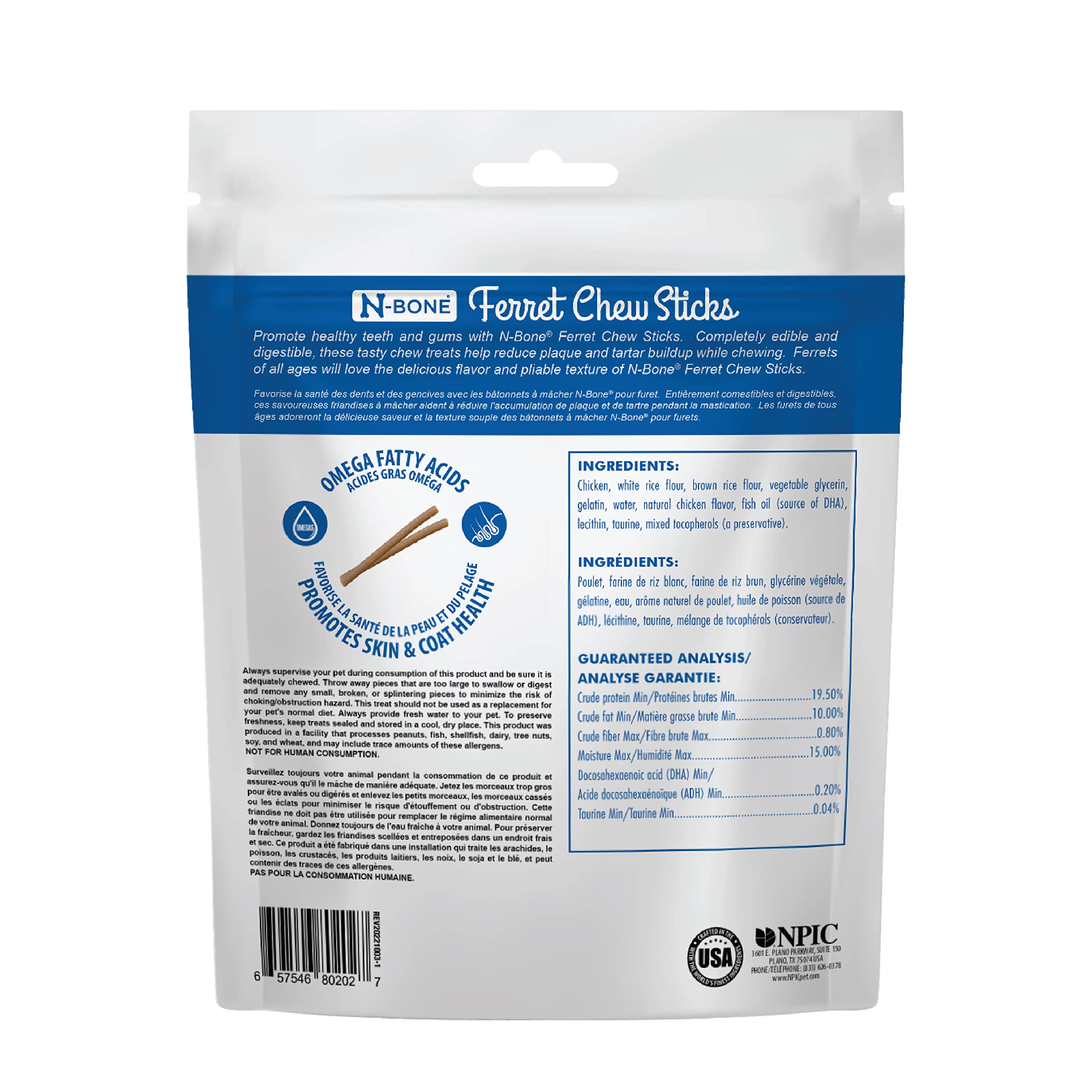 Texture croquante des bâtonnets N-Bone pour furet actif.