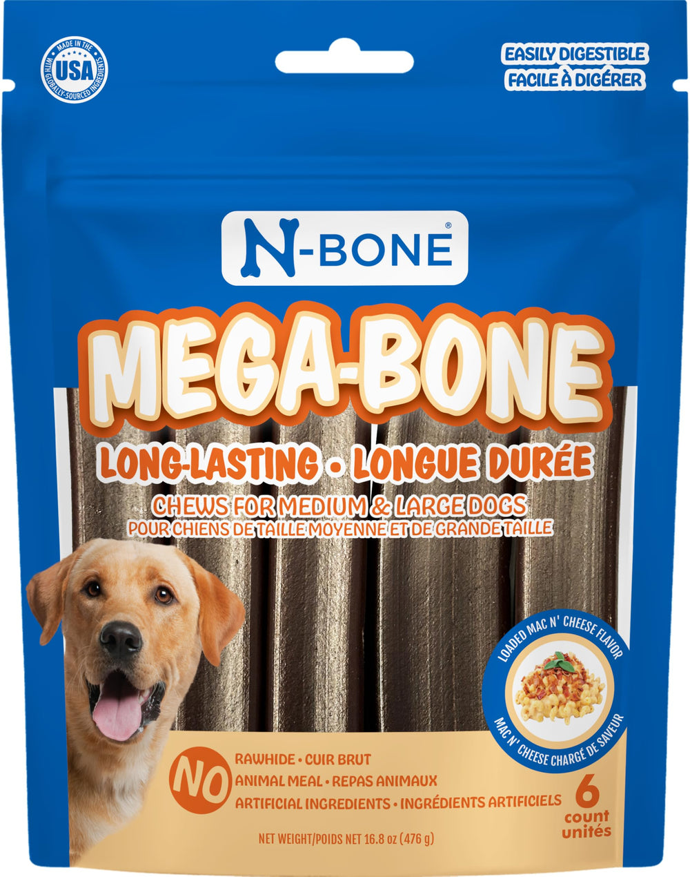 N-Bone Mega-Bone longue durée au macaroni fromage pour chiens énergiques.