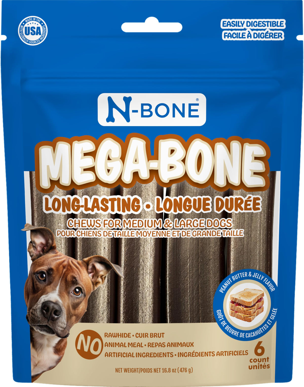 N-Bone Mega-Bone – os longue durée au goût beurre cacahuète et confiture, stimulation mastication.