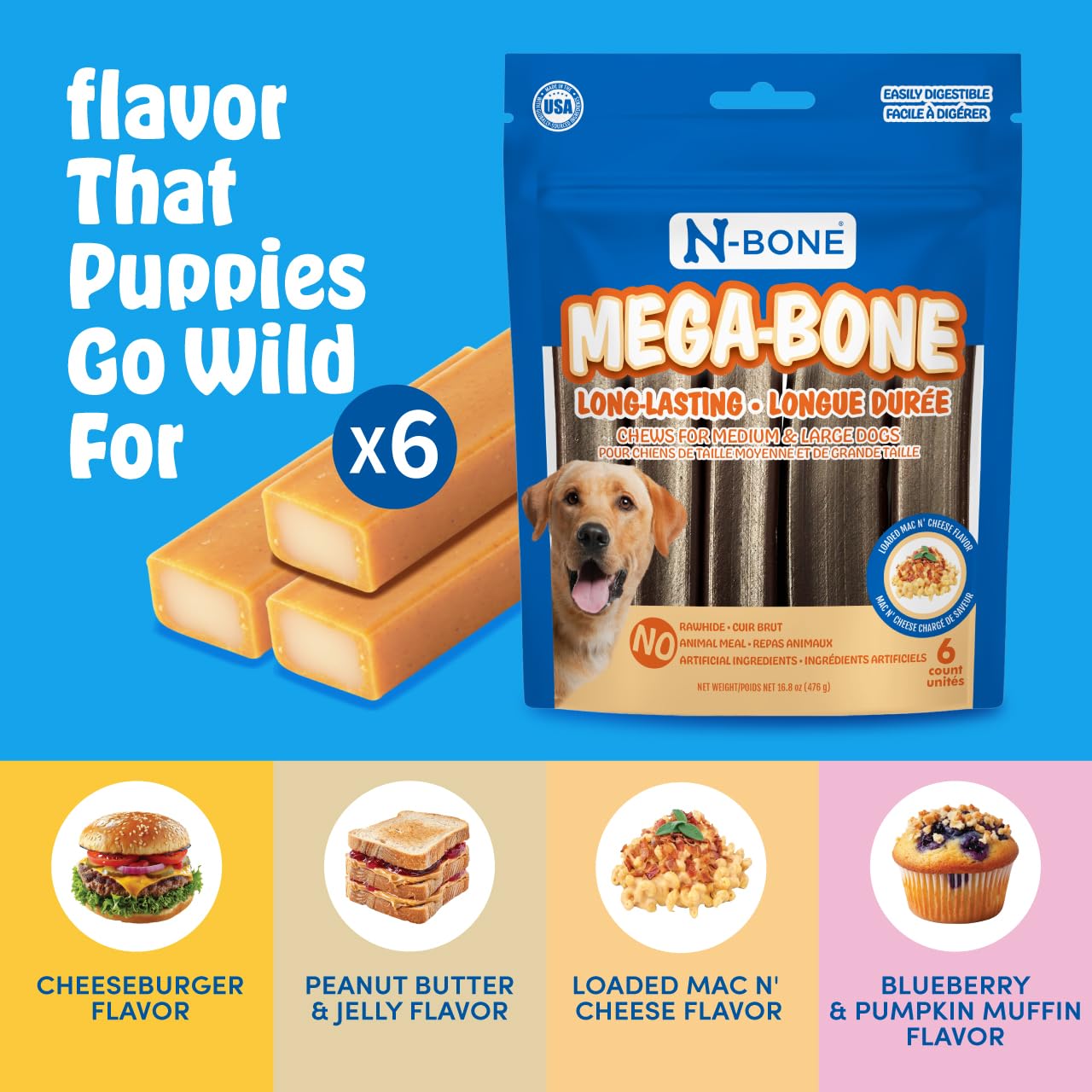 N-Bone Mega-Bone convient aux chiens actifs recherchant une expérience gustative.