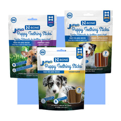 N-Bone Puppy Teething Sticks Jumbo dans l'emballage, option adaptée pour mâcher en douceur.