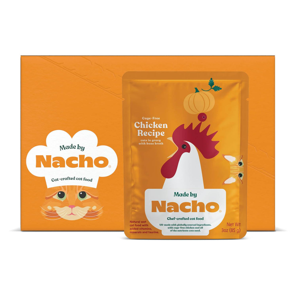 Nacho : Morceaux de poulet libres de cage dans sauce riche, idéal pour l'appétit des chats.