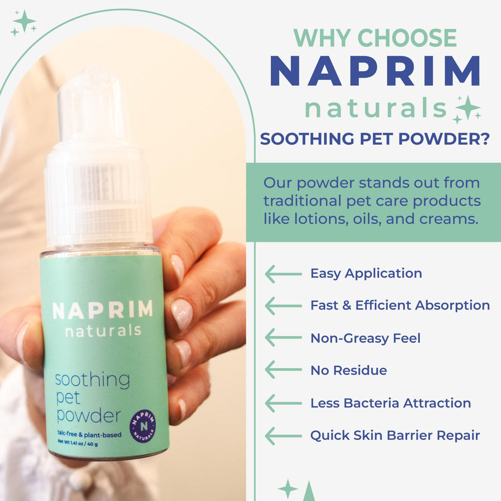 Naprim Naturals douceur peau chien, formule sans talc et sans parfum.