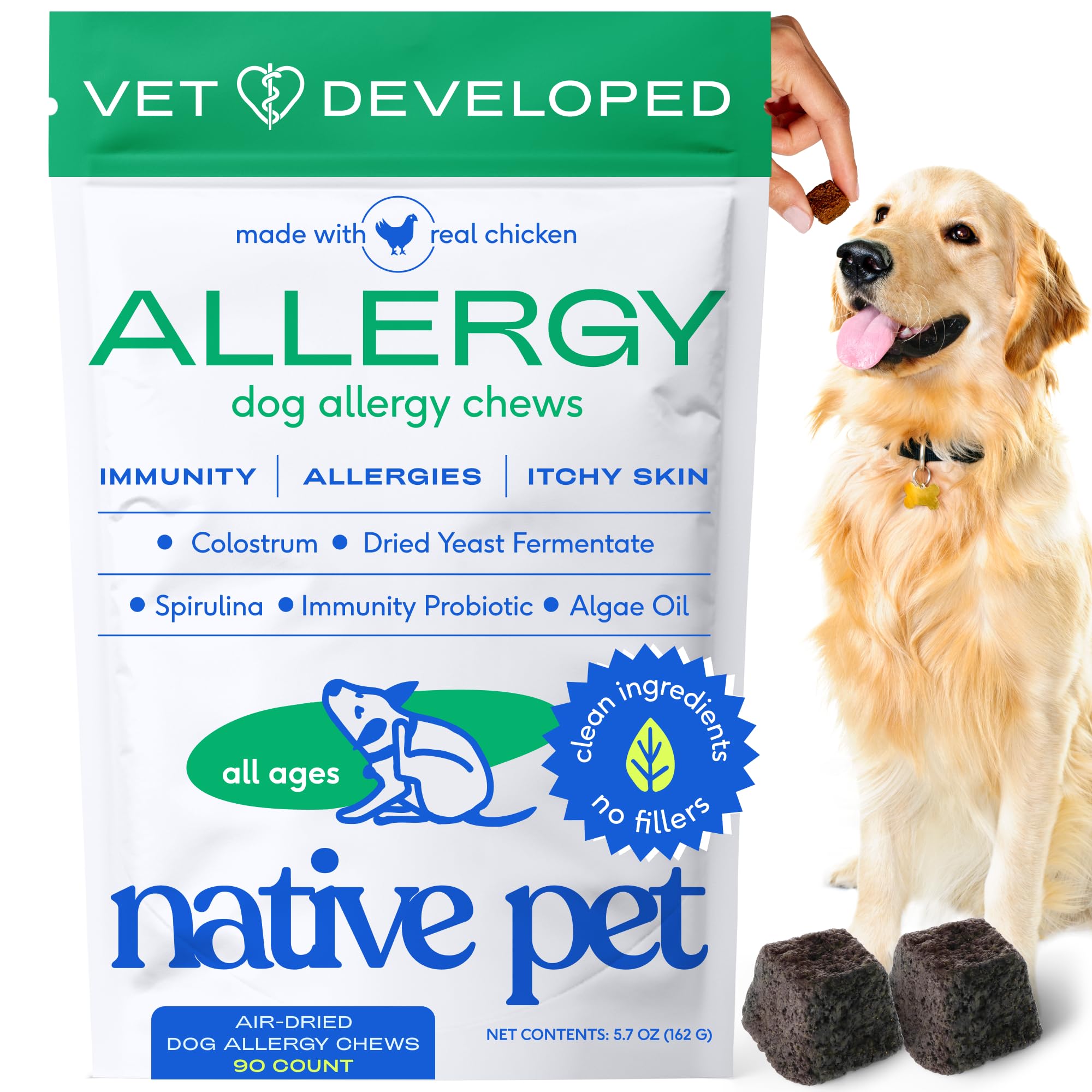 Friandises Native Pet Allergy Chews pour chien grande race, emballage pratique.