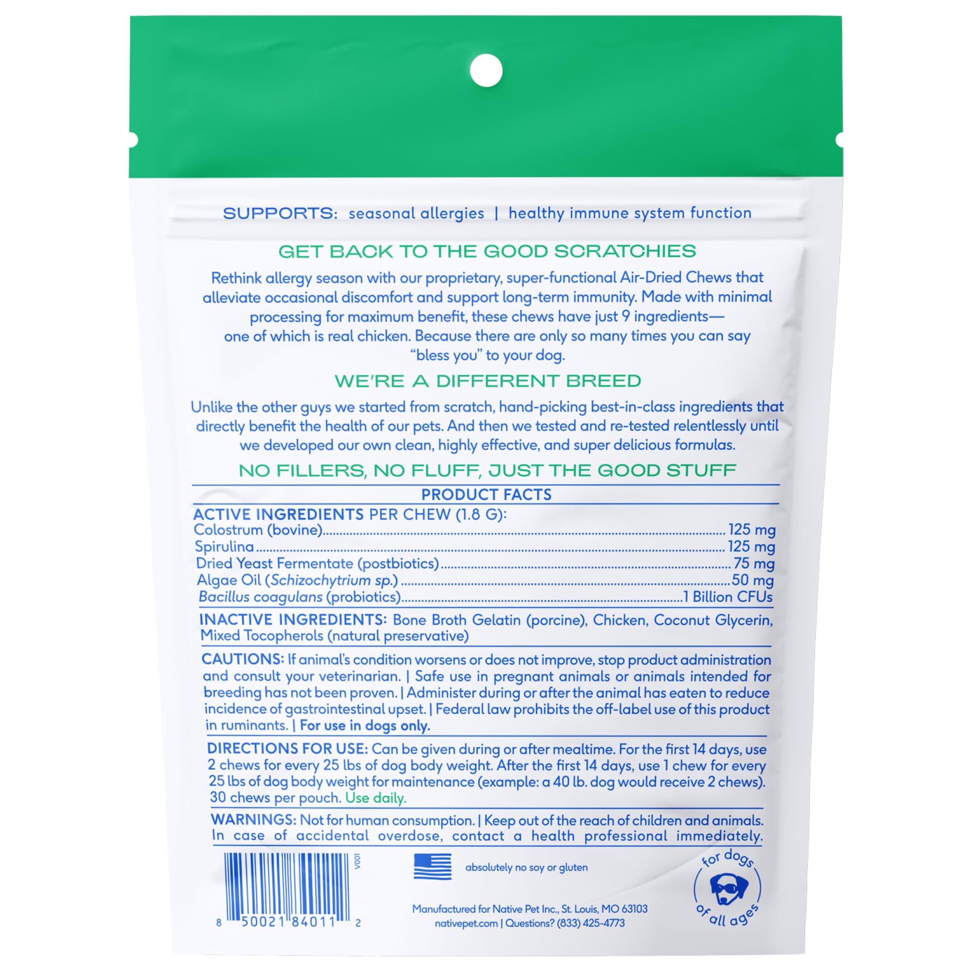 Native Pet Allergy Chews: fabriqué aux États‑Unis avec ingrédients réels.