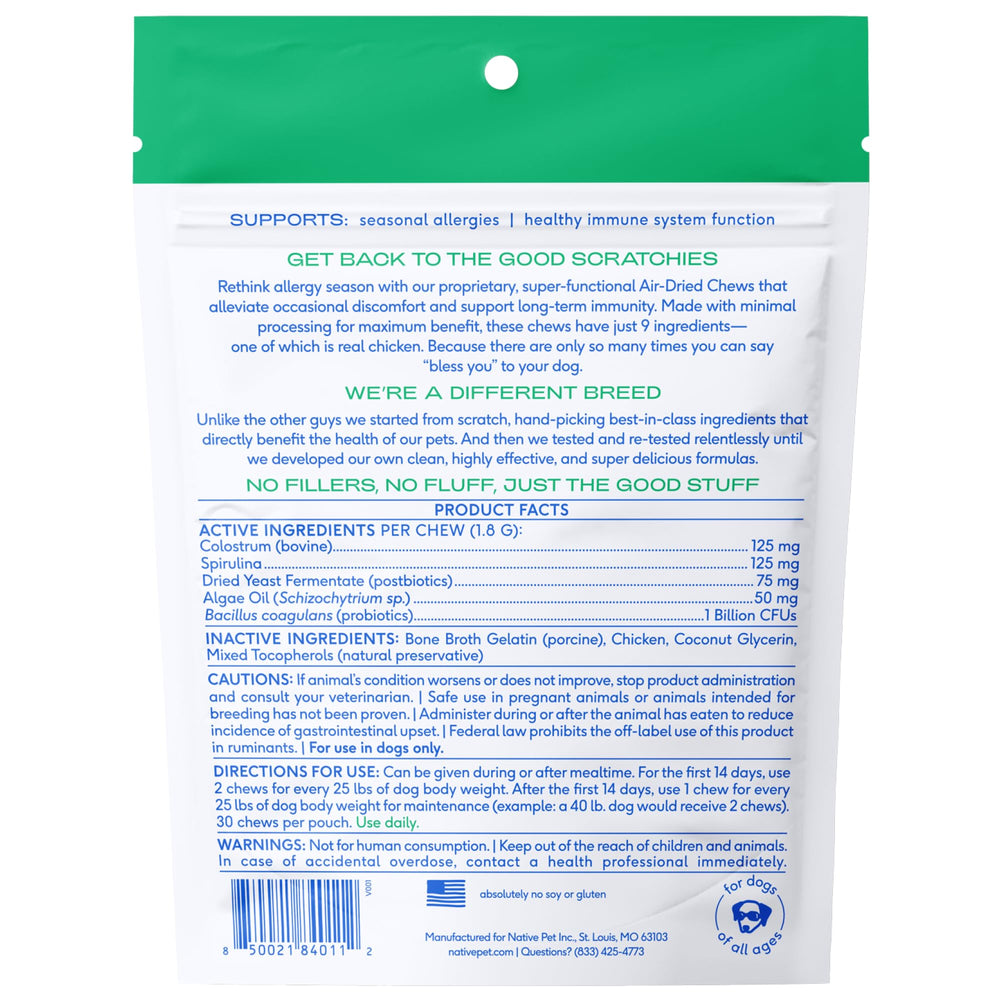 Native Pet Allergy Chews: fabriqué aux États‑Unis avec ingrédients réels.