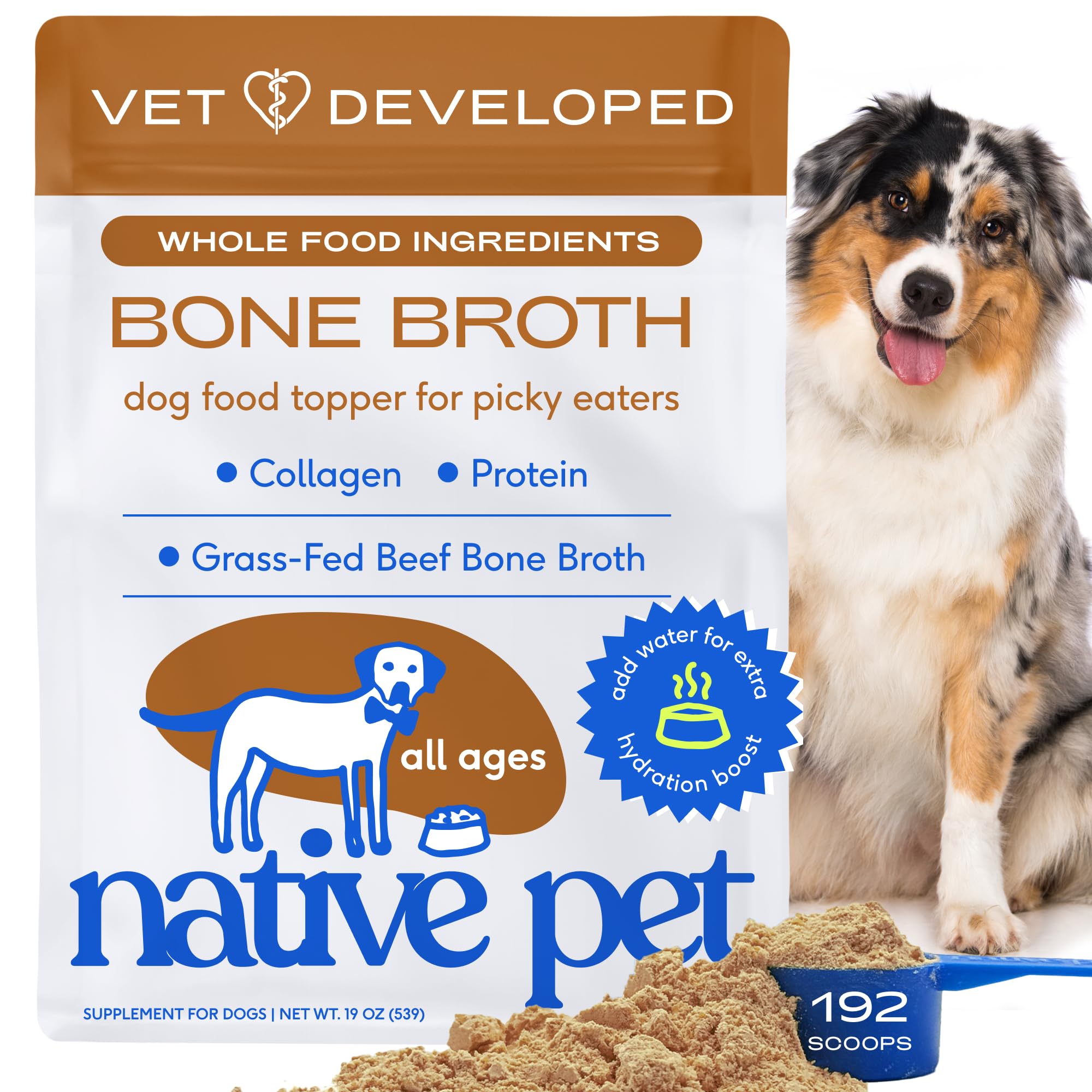 Native Pet bouillon os boeuf en poudre, rehausse le goût et la nutrition des repas