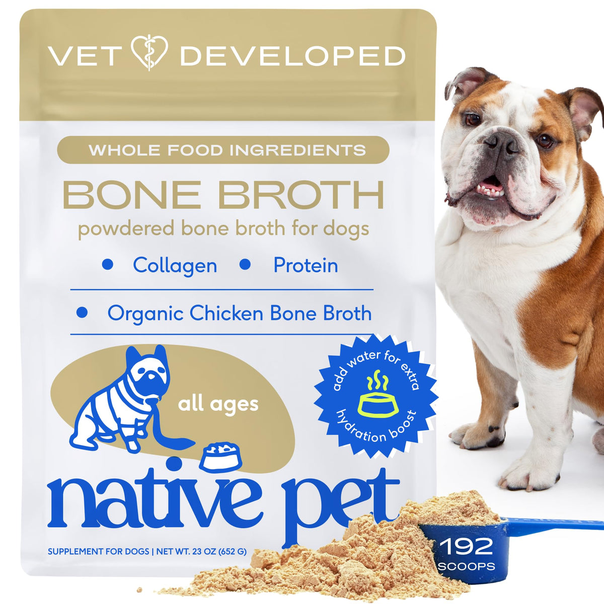Native Pet bouillon os poulet en poudre pour chiens et chats, hydratation et nutrition savoureuses.