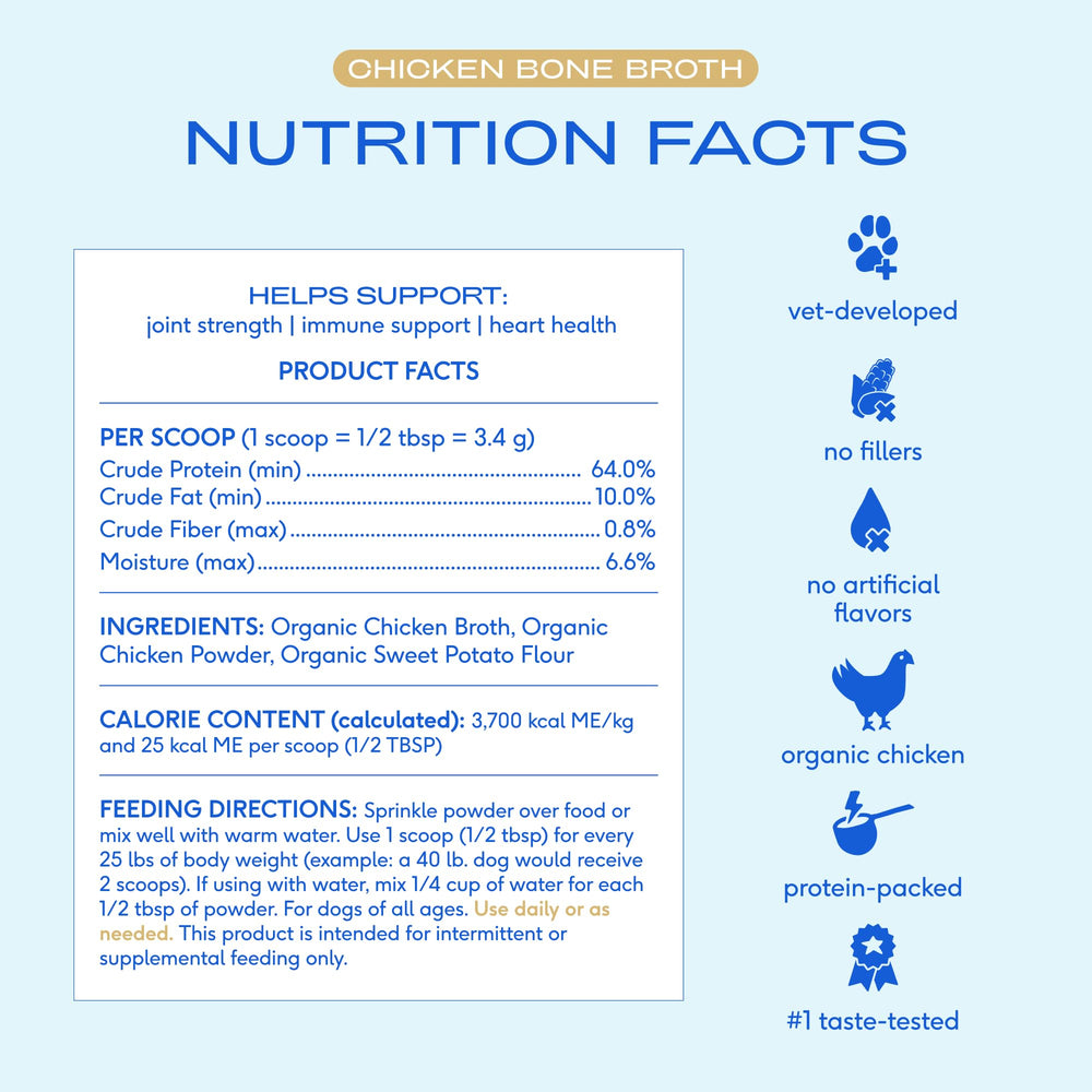 Native Pet bouillon poulet en poudre, formulation douce pour estomacs sensibles.
