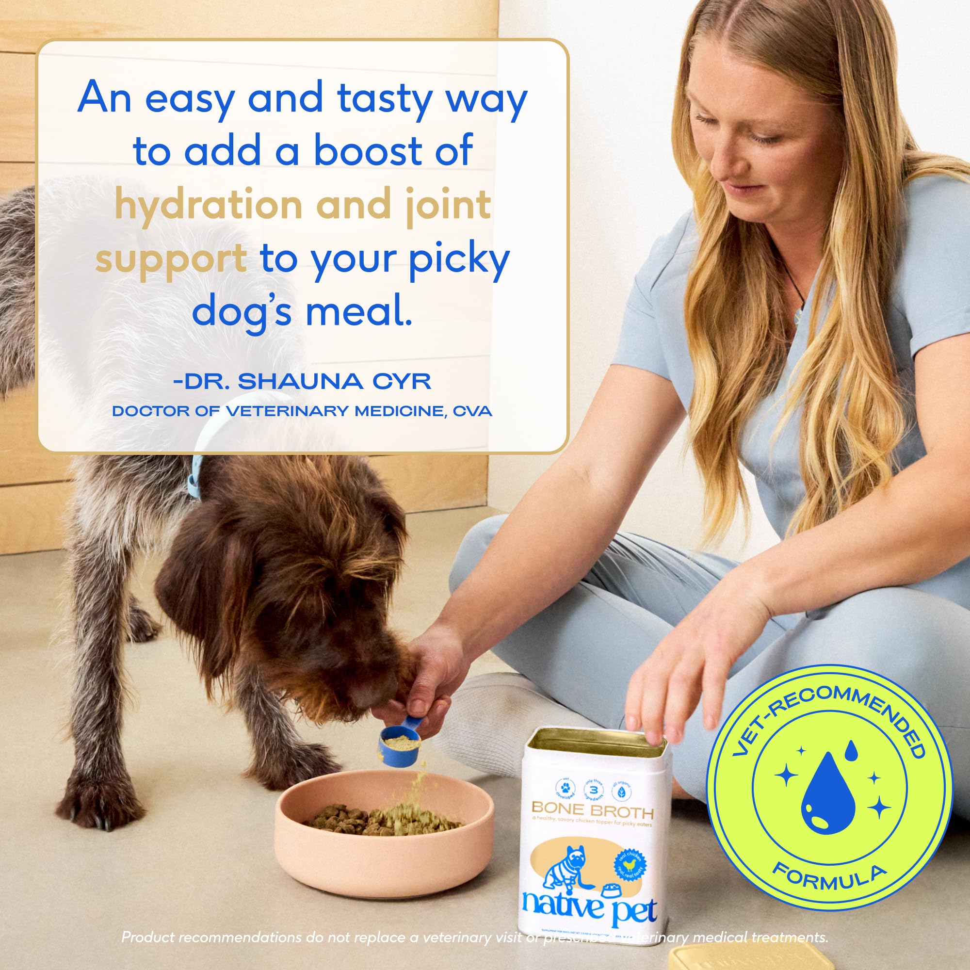 Native Pet bouillon poulet en poudre, idéal pour tous les âges et races.