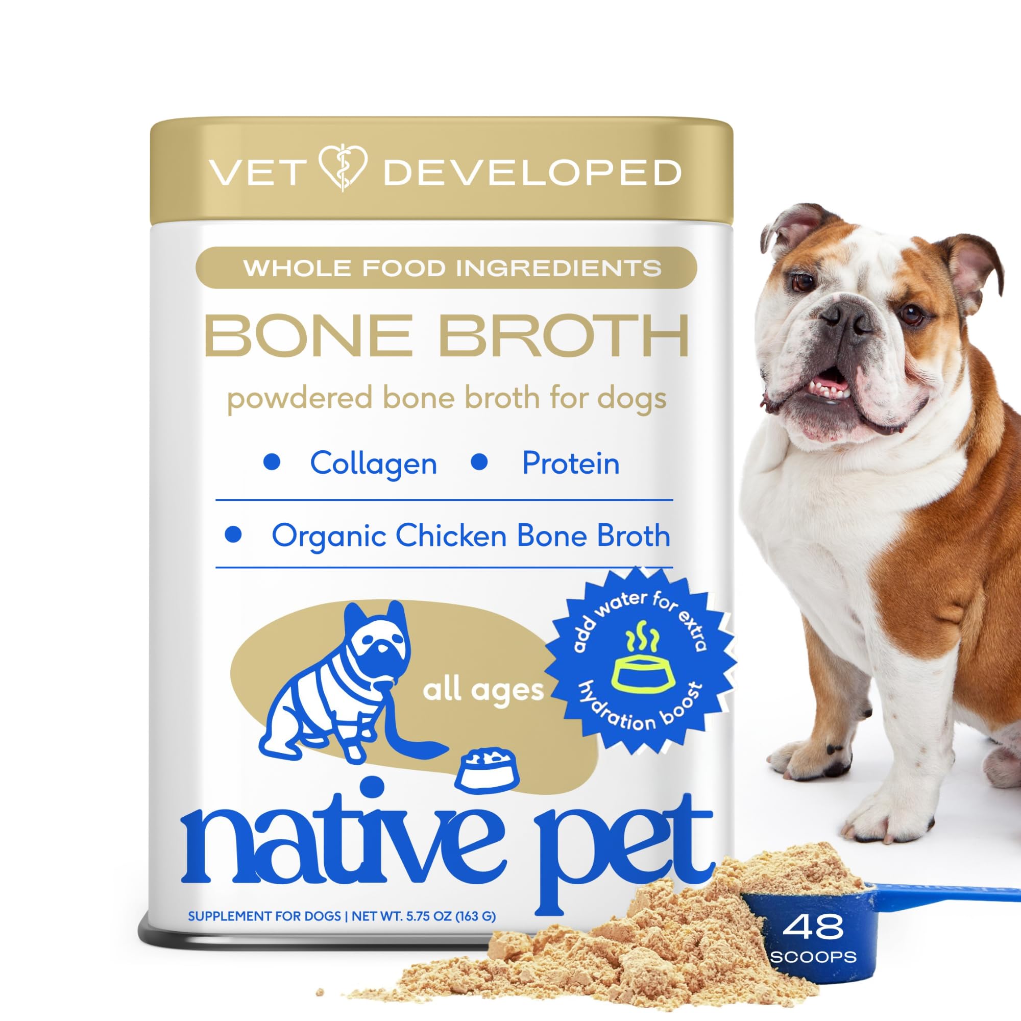 Native Pet bouillon poulet en poudre, emballage pratique et ingrédients biologiques.