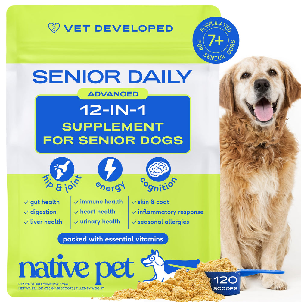 Native Pet Senior: bouteille de vitamine en poudre pour chien senior, soutien global.