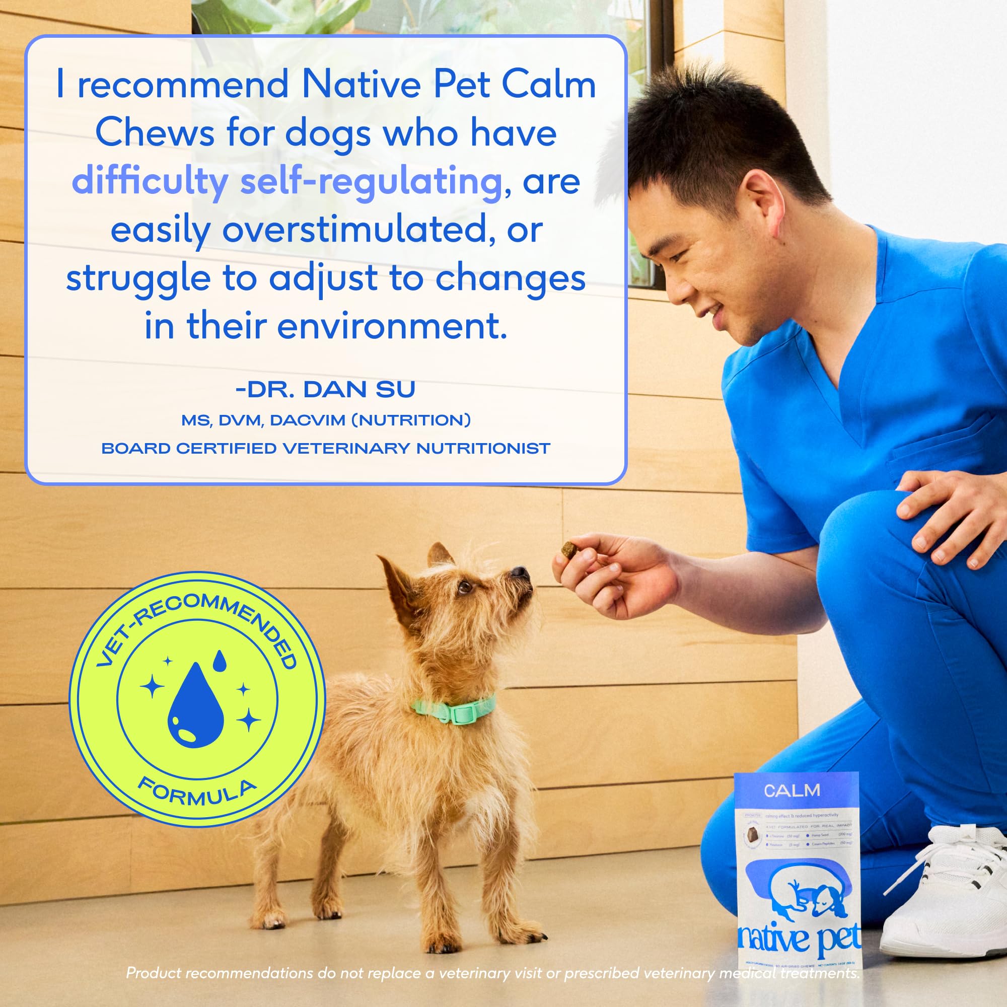 Native Pet Calming Chews — ingrédients soutenus par la science: mélatonine, L-théanine et caséine.