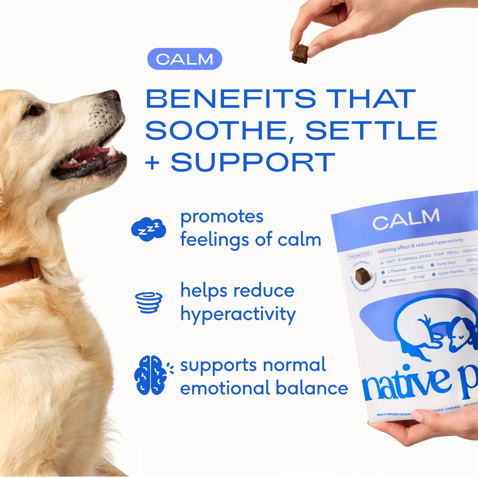 Native Pet Calming Chews — texture molle, bouchée facile à donner avec douceur.