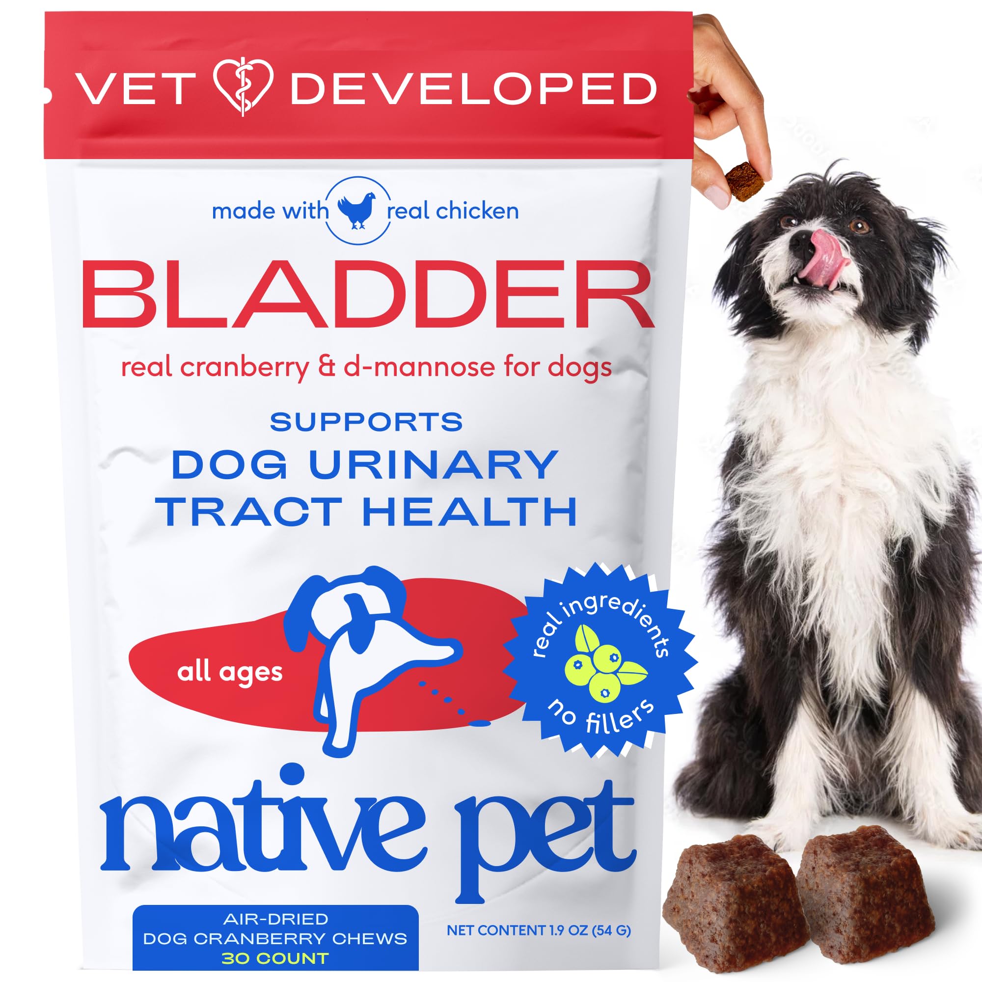 Native Pet gommes air-séchées pour chien, soutien potentiel du confort urinaire.